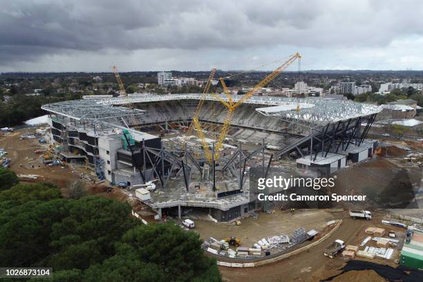 An aerial view of construction of Western Sydney Stadium at Parramatta on September 5, 2018 in Sydney, Australia.