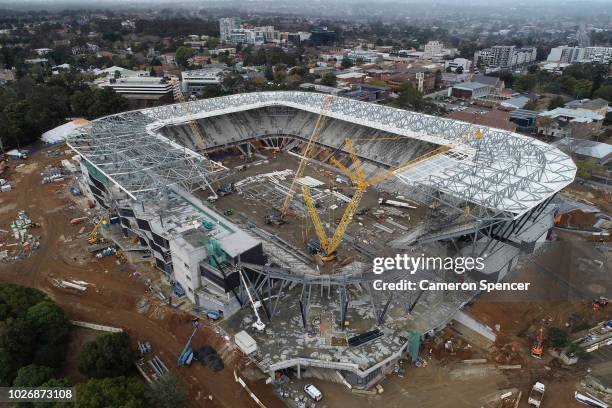 An aerial view of construction of Western Sydney Stadium at Parramatta on September 5, 2018 in Sydney, Australia.