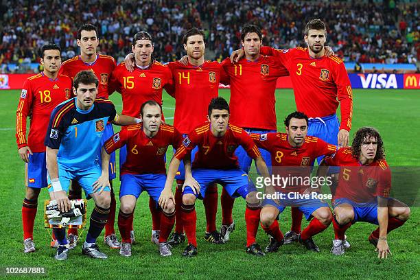 The Spain team line up ahead of the 2010 FIFA World Cup South Africa Semi Final match between Germany and Spain at Durban Stadium on July 7, 2010 in...