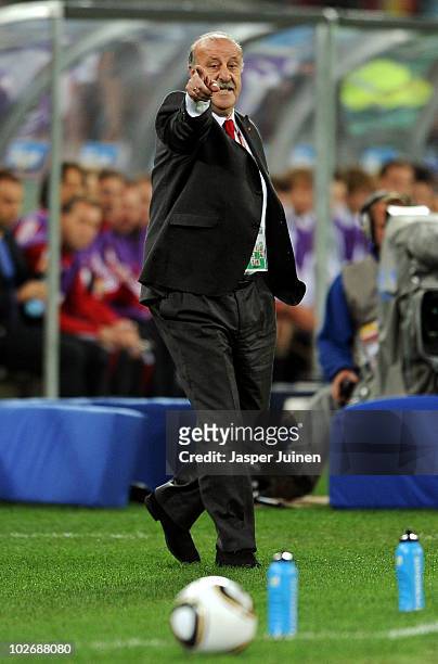 Vicente del Bosque head coach of Spain directs his team during the 2010 FIFA World Cup South Africa Semi Final match between Germany and Spain at...