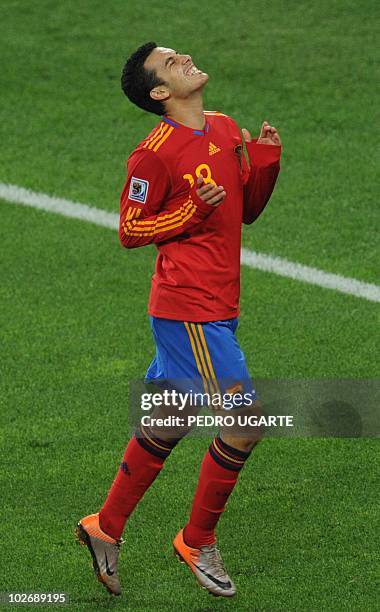 Spain's striker Pedro reacts during the 2010 World Cup semi-final football match Germany vs. Spain on July 7, 2010 at Moses Mabidha Stadium in...