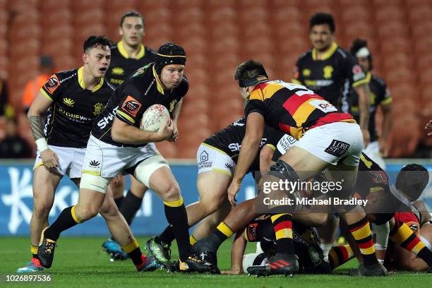 Wellington's Thomas Waldrom makes a run during the round four Mitre 10 Cup match between Waikato and Wellington on September 5, 2018 in Hamilton, New...