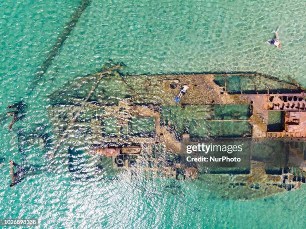 Aerial view of the shipwreck beach of Epanomi near Potamos and sandbank beach in a nature reserve. Epanomi is a little town near Thessaloniki,...
