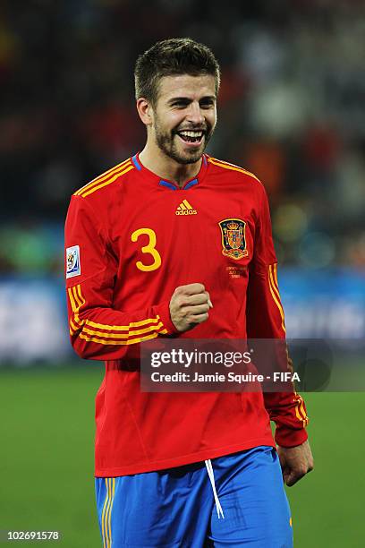 Gerard Pique of Spain celebrates after the 2010 FIFA World Cup South Africa Semi Final match between Germany and Spain at Durban Stadium on July 7,...