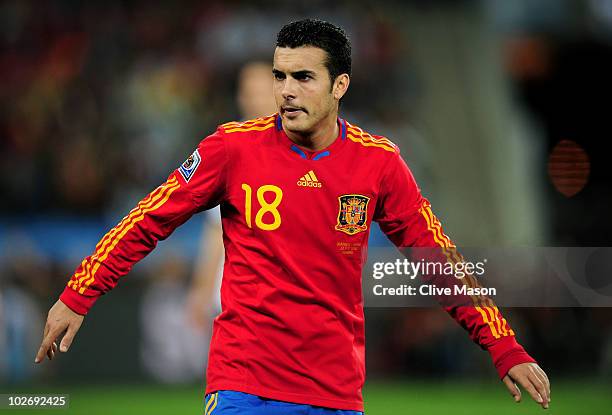 Pedro Rodriguez of Spain looks on during the 2010 FIFA World Cup South Africa Semi Final match between Germany and Spain at Durban Stadium on July 7,...