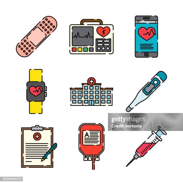 healthcare & medicine thin line icon set - defibrillator stock illustrations