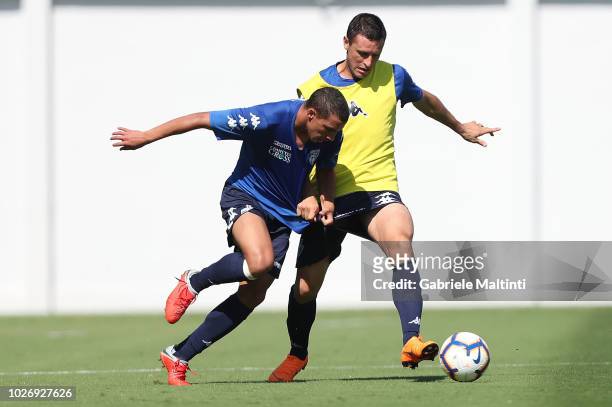 Ismael Bennacer and Manuel PAsqual of Empoli FC in action during a training session on September 5, 2018 in Empoli, Italy.