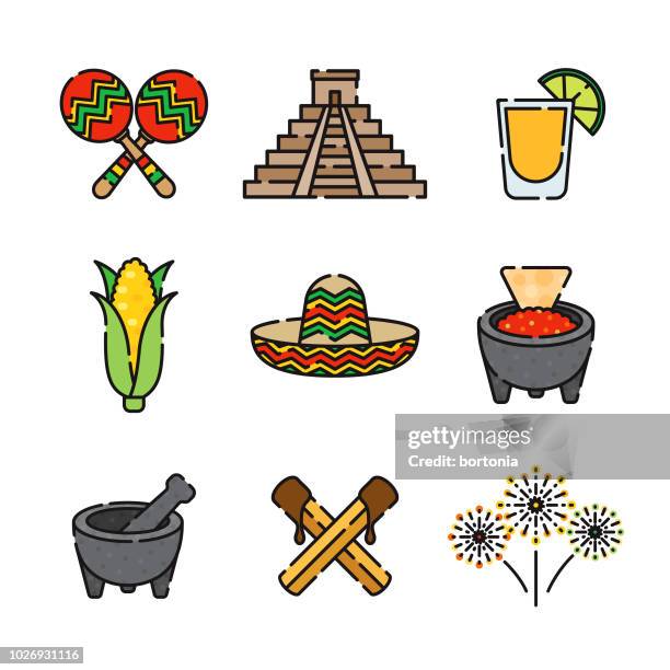 illustrations, cliparts, dessins animés et icônes de mexicain thin line icon set - aztec