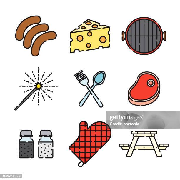 barbecue thin line icon set - bbq table stock illustrations