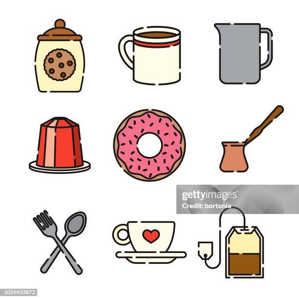 coffee thin line icon set - tea biscuits stock illustrations