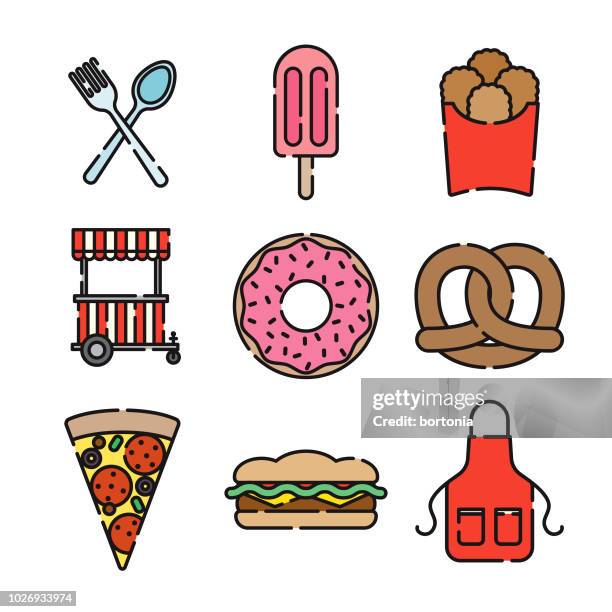 ilustraciones, imágenes clip art, dibujos animados e iconos de stock de conjunto de iconos de delgada línea de comida en la calle - digital kiosk