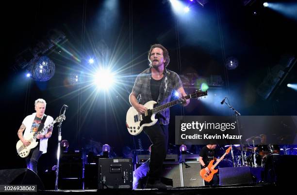 Jeff Ament, Mike McCready, Matt Cameron, Stone Gossard and Eddie Vedder of Pearl Jam perform at Fenway Park on September 4, 2018 in Boston,...