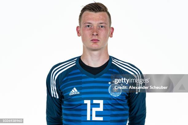 Markus Schubert poses during the Germany U21 team presentation on September 4, 2018 in Herzogenaurach, Germany.