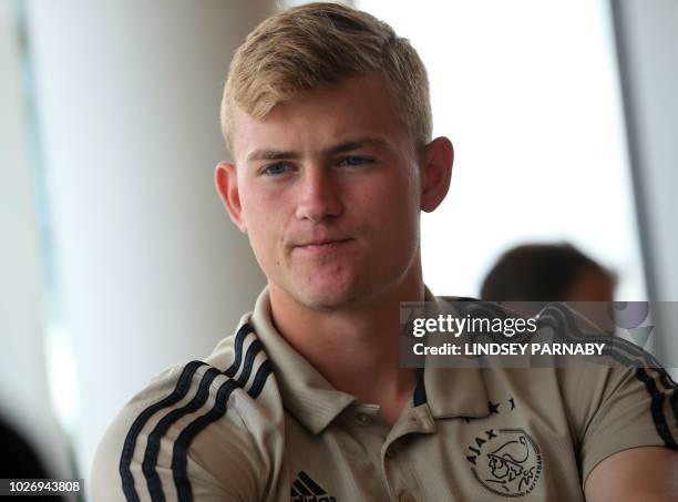 Mathijs de Ligt of Ajax speaks to media during a press one-to-one conference at Saint George's Park National Football Centre in Staffordshire,...