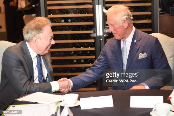 Prince Charles, Prince of Wales , Patron, Children & the Arts greets Andrew Lloyd Webber as he attends an event at the Royal Albert Hall to discuss...