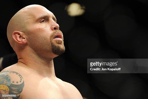 Shane Carwin looks on as Corwin takes on Brock Lesnar during the UFC Heavyweight Championship Unification bout at the MGM Grand Garden Arena on July...