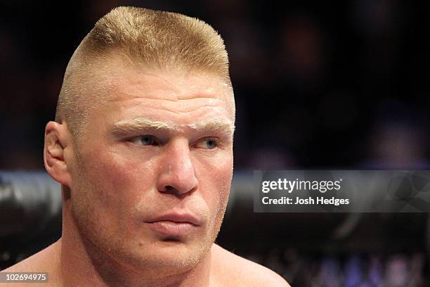 Brock Lesnar looks on before taking on Shane Carwin during the UFC Heavyweight Championship Unification bout at the MGM Grand Garden Arena on July 3,...
