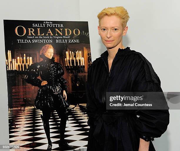 Actress Tilda Swinton poses for a photo at the Sally Potter Retrospective at The Museum of Modern Art on July 7, 2010 in New York City.