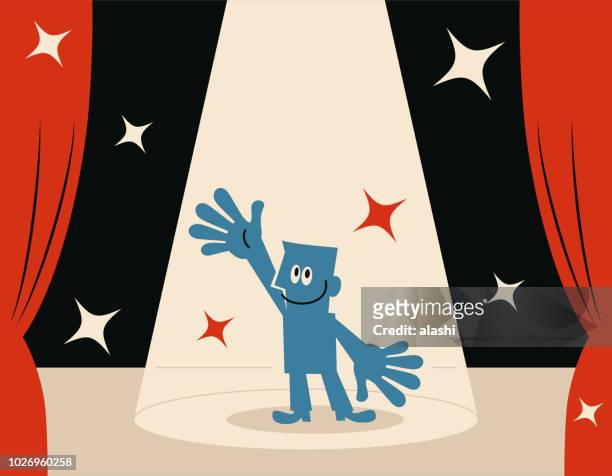smiling blue man (host) on stage with spotlight - television host stock illustrations