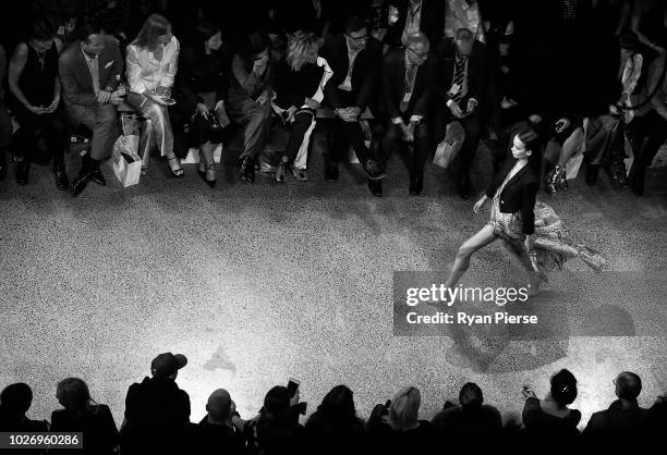 Model walks the runway during the Mercedes-Benz Presents Knuefermann show during New Zealand Fashion Week 2018 at Viaduct Events Centre on August 27,...