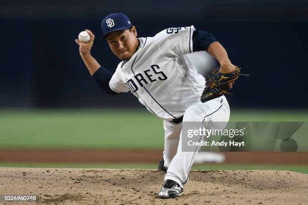 Kazuhisa Makita of the San Diego Padres pitches during the game against the Arizona Diamondbacks at PETCO Park on August 16, 2018 in San Diego,...