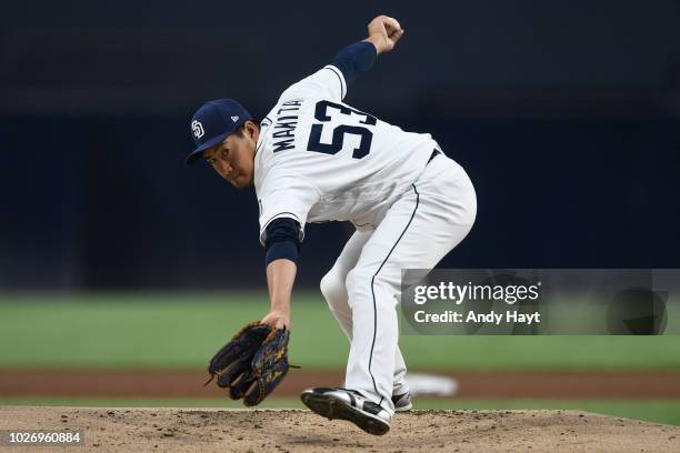 Kazuhisa Makita of the San Diego Padres pitches during the game against the Arizona Diamondbacks at PETCO Park on August 16, 2018 in San Diego,...