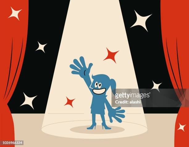 smiling blue woman (host) on stage with spotlight - television host stock illustrations