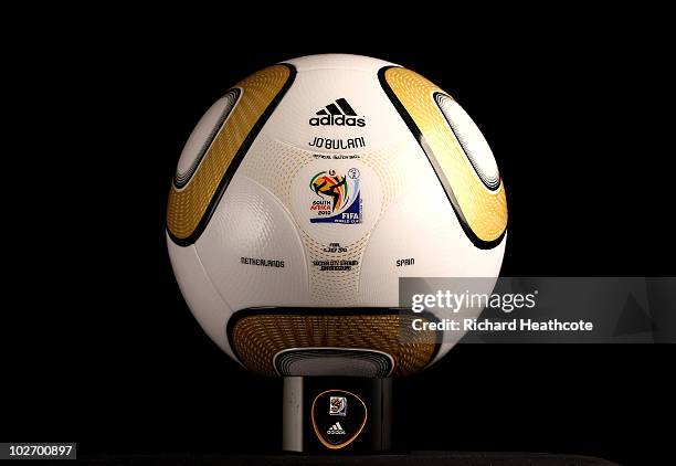 View of the personalisation of the adidas Jo'bulani official match ball for the 2010 FIFA World Cup Final between the Netherlands and Spain is...