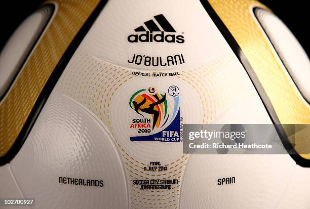View of the personalisation of the adidas Jo'bulani official match ball for the 2010 FIFA World Cup Final between the Netherlands and Spain is...