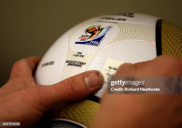 View of the personalisation of the adidas Jo'bulani official match ball for the 2010 FIFA World Cup Final between the Netherlands and Spain is...