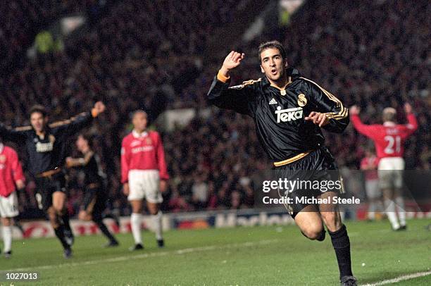 Raul of Real Madrid celebrates his goal during the UEFA Champions League quarter-final second leg against Manchester United at Old Trafford in...