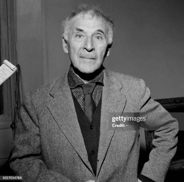 Russian-French artist Marc Chagall poses during the hanging of his paintings, on June 10, 1959 for the exhibition starting on June 13, 1959 at the...