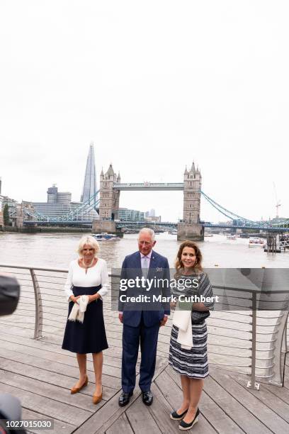 Prince Charles, Prince of Wales with Camilla, Duchess of Cornwall and Princess Haya Bint Al Hussein visit the 'Maiden' yacht on September 5, 2018 in...