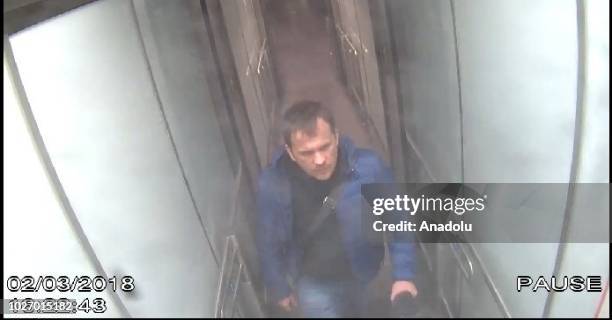 An image from a footage captured on March 02, 2018 shows Alexander Petrov, wanted for conspiracy to murder Sergei Skripal and the attempted murder of...