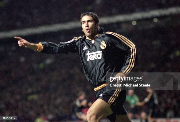 Raul of Real Madrid celebrates his goal during the UEFA Champions League quarter-final second leg against Manchester United at Old Trafford in...