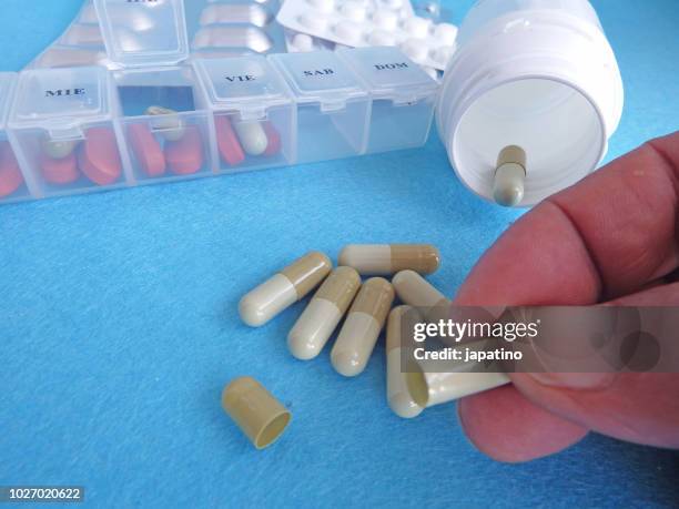 placebo effect. empty capsule - pillbox hat stock pictures, royalty-free photos & images