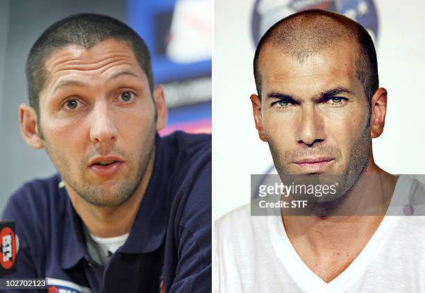 Combo of two recent pictures shows France's former national soccer team captain Zinedine Zidane during a press conference 01 July 2007 at the Gerland...