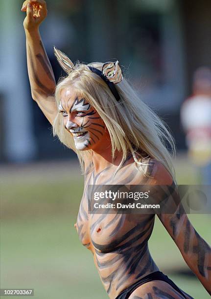 Tiger striped body painted streaker during the British Open on 20 July 1997 at the Royal Troon Golf Club in Troon, Scotland.