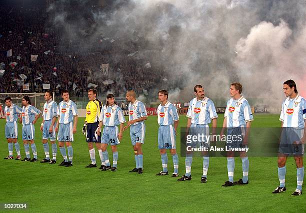 The Lazio team line up before the UEFA Champions League quarter-final second leg against Valencia at the Stadio Olympico in Rome, Italy. Lazio won...