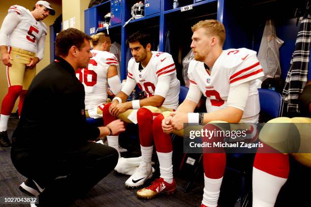 Quarterbacks Coach Rich Scangarello of the San Francisco 49ers talks with Jimmy Garoppolo and C.J. Beathard in the locker room prior to the game...