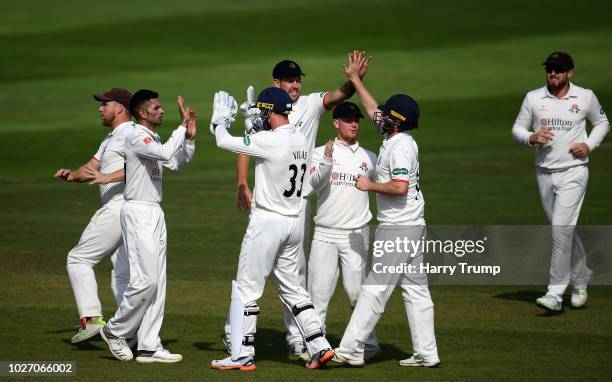 Yeshav Maharaj of Lancashire celebrates the wicket of James Hildreth of SOmerset during Day Two of the Specsavers County Championship Division One...