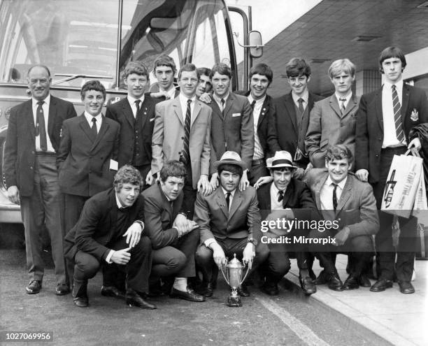 Newcastle United Junior team arriving back from Holland after winning the Feyenord international youth tournament. Back row Benny Craig , Ken Heslop,...