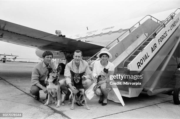 Blue Peter flies to the Far East. Pictured at RAF Lyneham are presenters John Noakes, Christopher Trace and Valerie Singleton. Also with them are the...