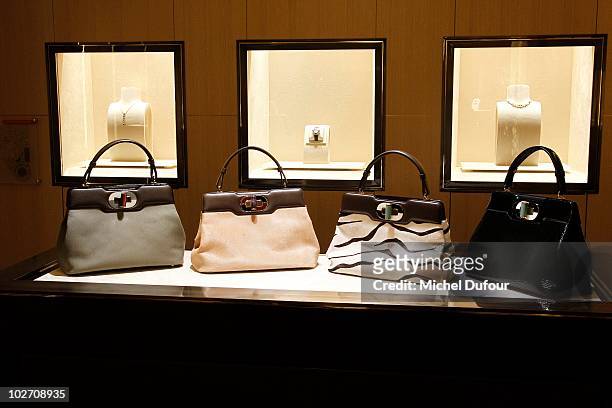 Bags on display at the 'Isabella Rossellini' Bulgari Bag Launch Cocktail Party at Boutique Bulgari on July 7, 2010 in Paris, France.