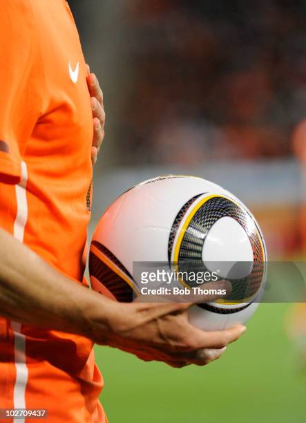 Dutch player holding the Jabulani football during the 2010 FIFA World Cup South Africa Semi Final match between Uruguay and the Netherlands at Green...