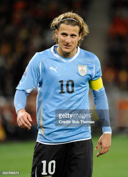 Diego Forlan of Uruguay during the 2010 FIFA World Cup South Africa Semi Final match between Uruguay and the Netherlands at Green Point Stadium on...
