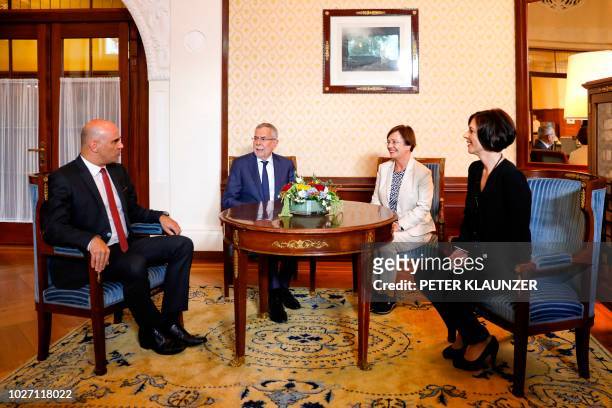 Swiss President Alain Berset , his wife Muriel Zeender Berset welcome Austrian President Alexander Van der Bellen and his wife Doris Schmidauer prior...