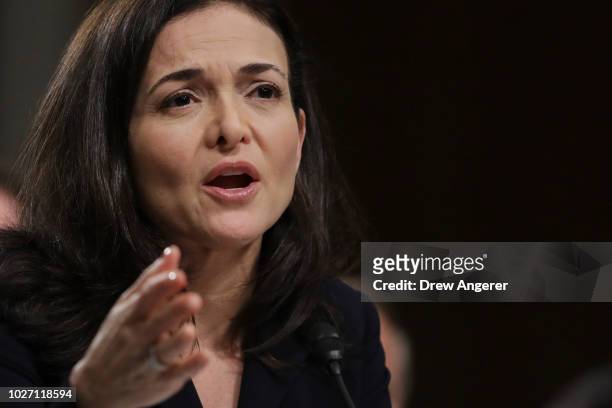 Facebook chief operating officer Sheryl Sandberg testifies during a Senate Intelligence Committee hearing concerning foreign influence operations'...