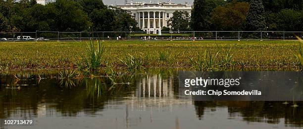 The White House is reflected in a puddle on the Eclipse July 8, 2010 in Washington, United States. Temperatures on the East Coast reached the mid-90s...