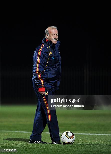 Head coach Vicente del Bosque of Spain looks on during a training session, ahead of their World Cup 2010 Final match against the Netherlands, on July...